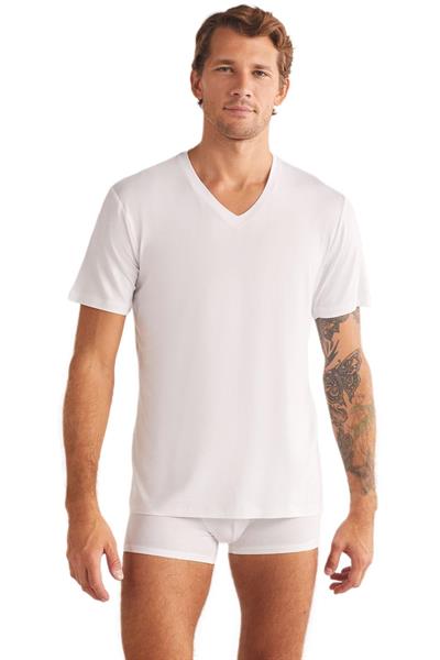 Kom Emilio V Yaka Modal Erkek Beyaz Tshirt 