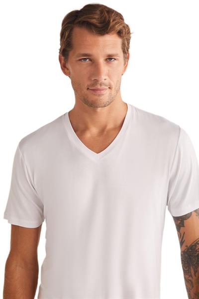 Kom Emilio V Yaka Modal Erkek Beyaz Tshirt 