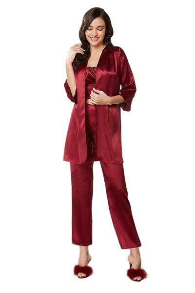 Pierre Cardin Kadın Bordo Saten 3lü Pijama Takımı 2075 