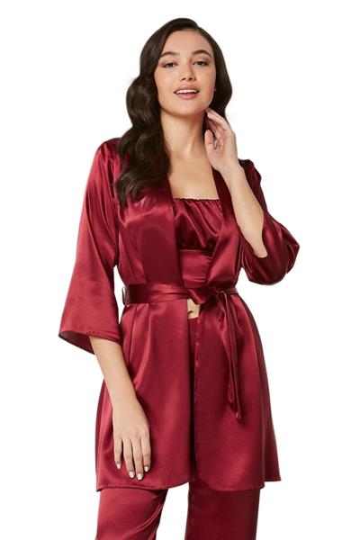 Pierre Cardin Kadın Bordo Saten 3lü Pijama Takımı 2075 