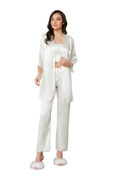 Pierre Cardin Kadın Ekru Saten 3lü Pijama Takımı 2075 