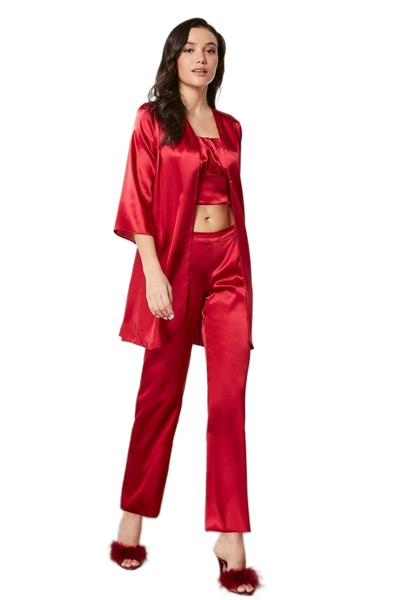 Pierre Cardin Kadın Kırmızı Saten 3lü Pijama Takımı 2075