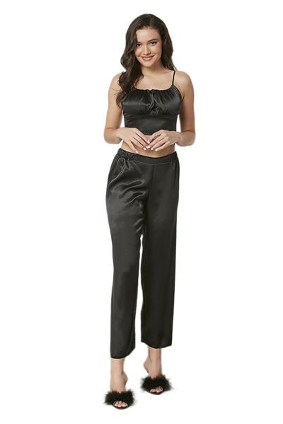 Pierre Cardin Kadın Siyah Saten 3lü Pijama Takımı 2075 