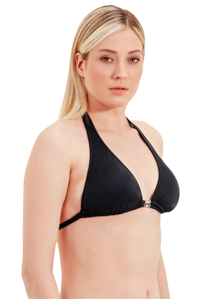 Zeki Aksesuar Detaylı Boyundan Bağlamalı Siyah Bikini Üst 