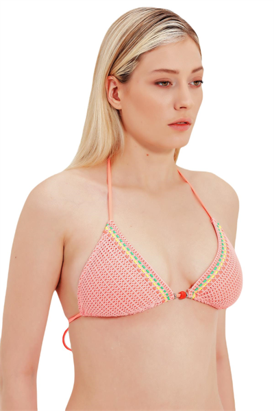 Zeki Cam Boncuk Detaylı Üçgen Koral Bikini Üst 