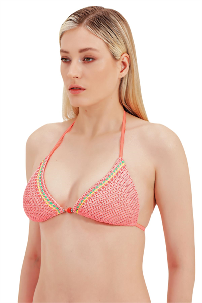 Zeki Cam Boncuk Detaylı Üçgen Koral Bikini Üst 