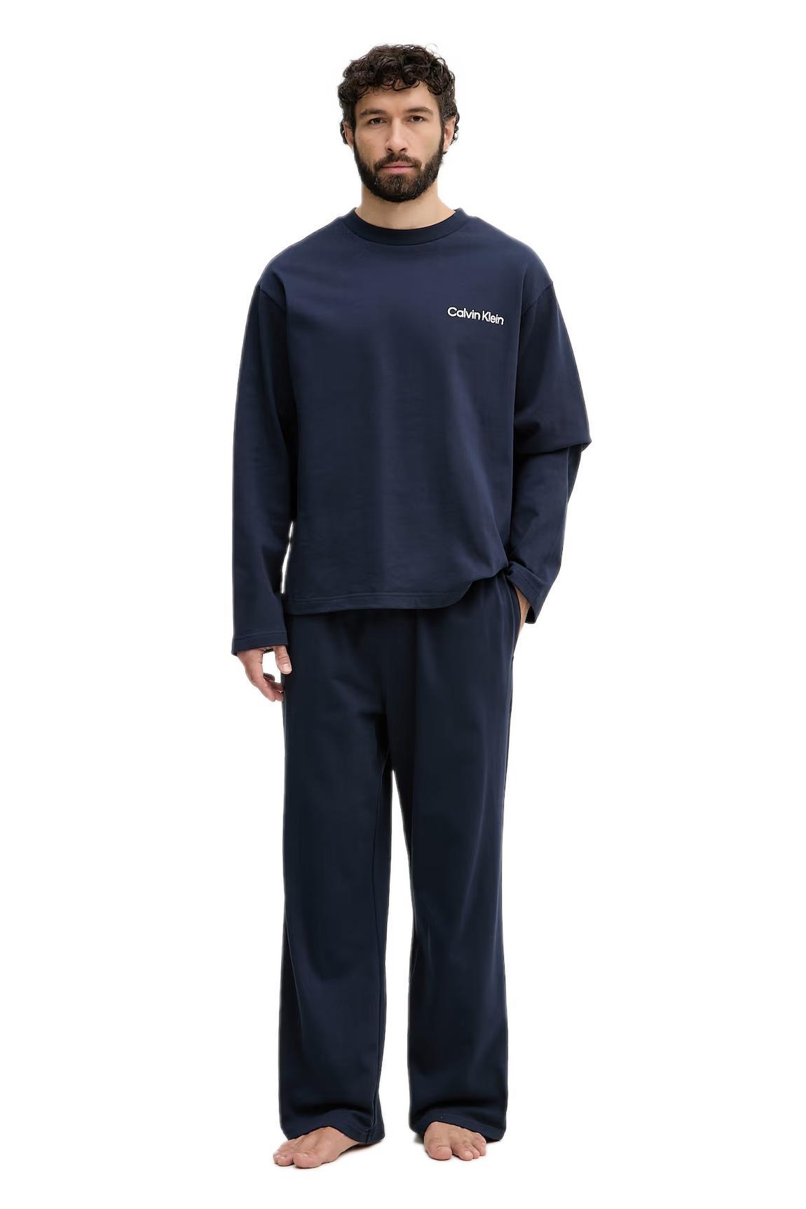 Calvin Klein Erkek Mavi Uzun Kollu Tişört Pantolon Pijama Takımı LV00NM2950