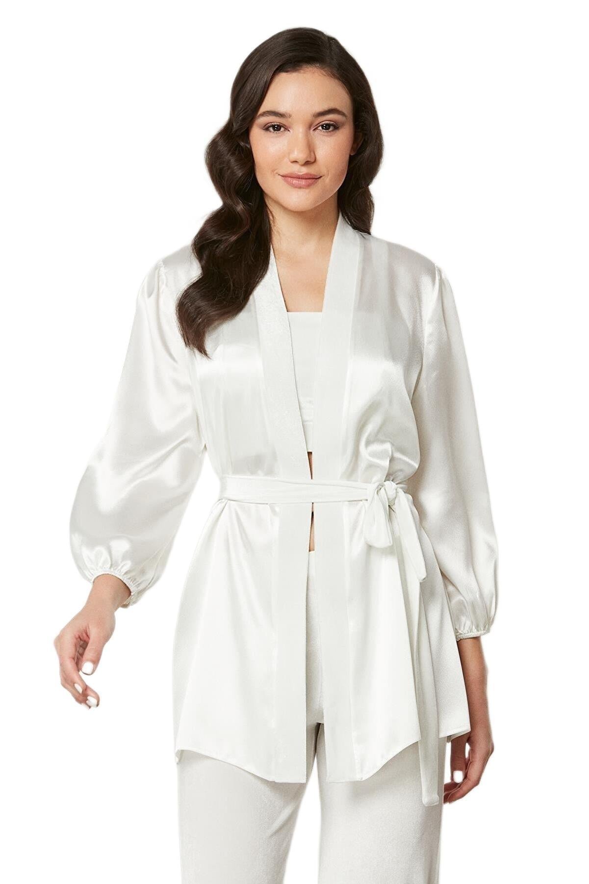 Pierre Cardin Kadın Ekru Kadife Saten 3'lü Crop'lu Pijama Takımı 2050 