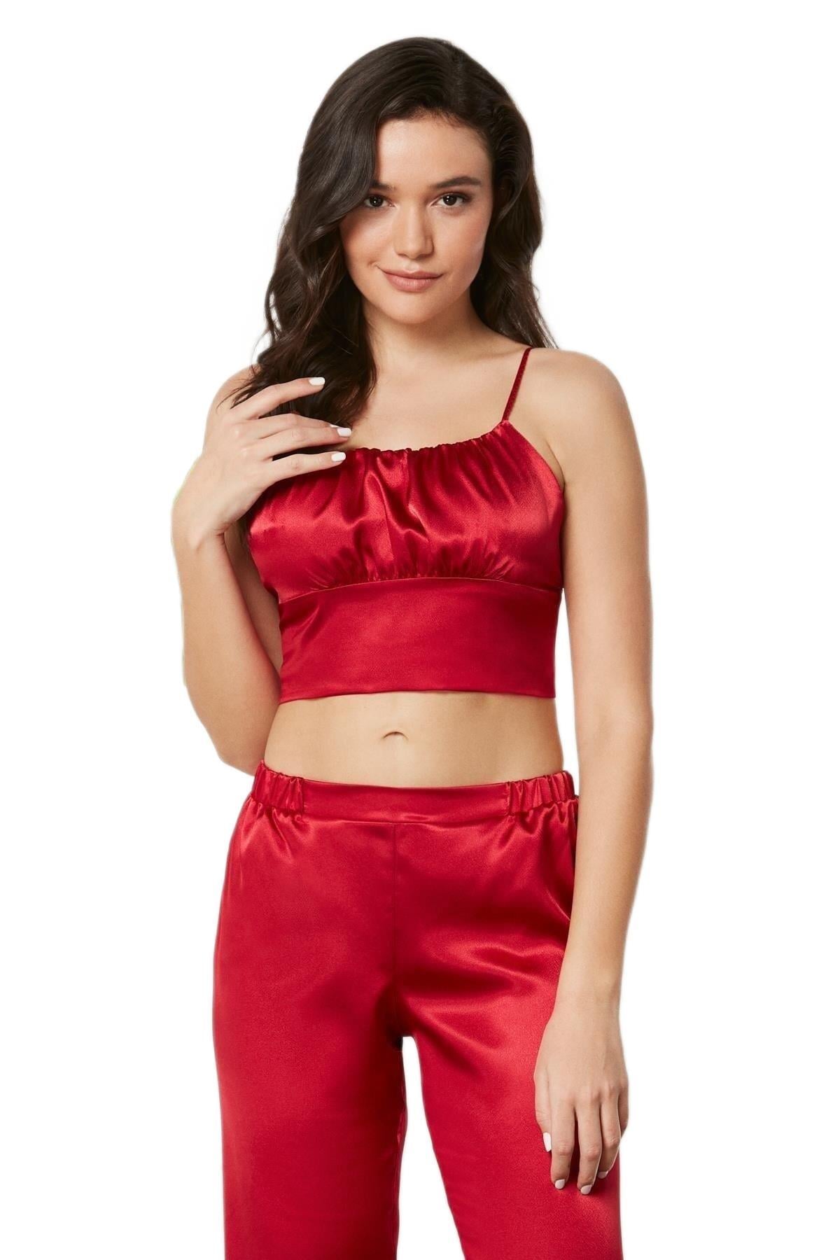 Pierre Cardin Kadın Kırmızı Saten 3'lü Pijama Takımı 2075
