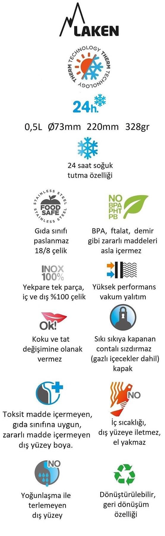Laken Çelik 18/8 Jannu Termos Şişe 0,50L - Camgöbeği LKTJ5AC