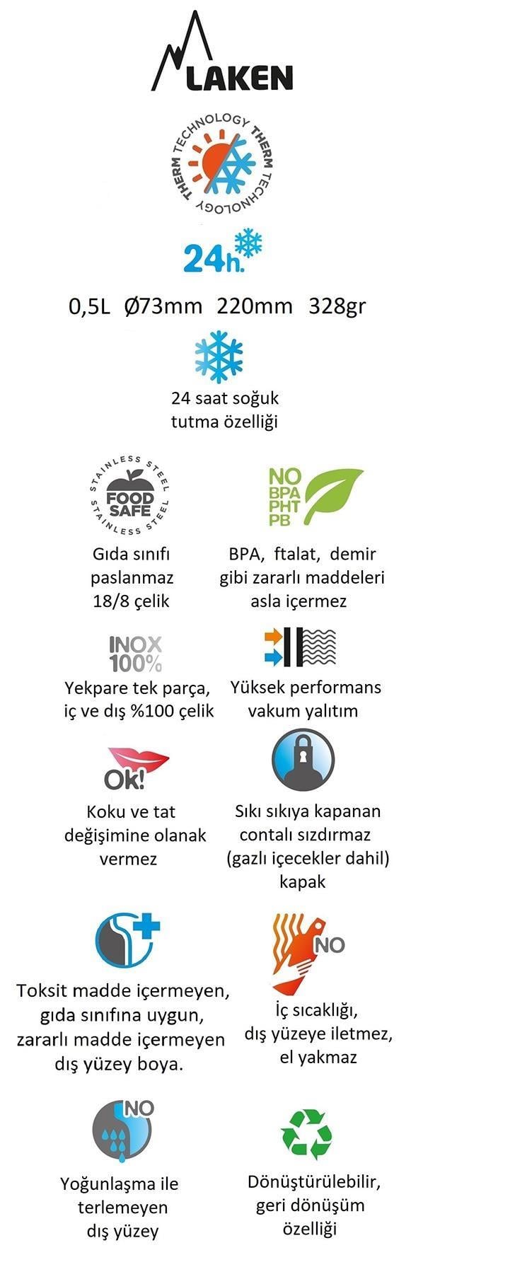 Laken Çelik 18/8 Jannu Termos Şişe 0,50L - Beyaz LKTJ5B