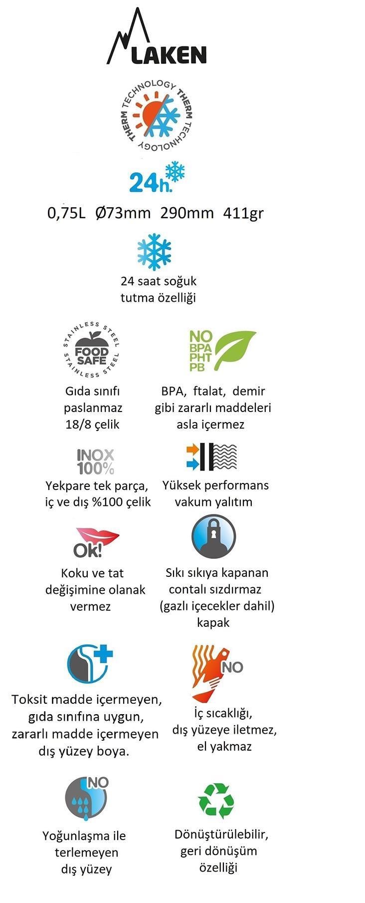 Laken Çelik 18/8 Jannu Termos Şişe 0,75L - Haki LKTJ7K