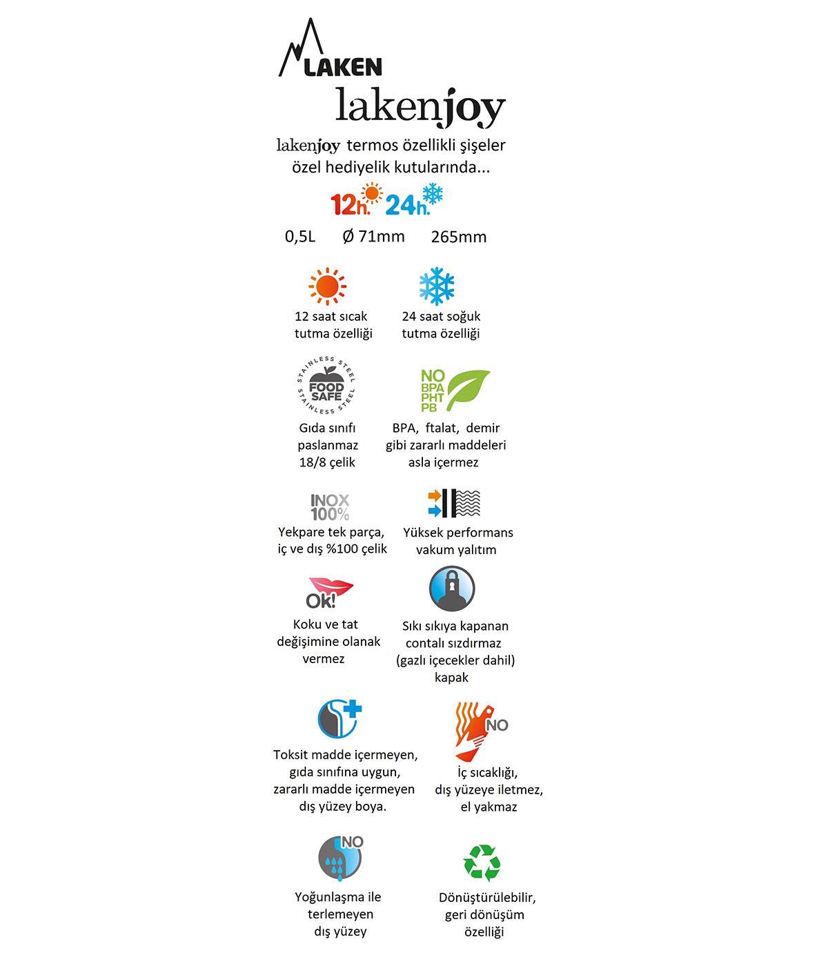 Laken Çelik 18/8 LakenJoy Termos Şişe 0,50L - Siyah LKJ50N