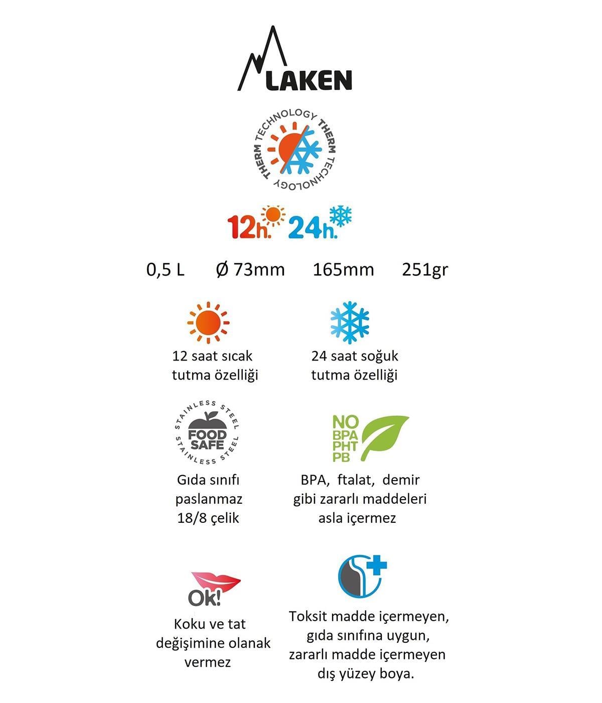 Laken Çelik 18/8 Termos+Neopren Kılflı 0,50L - Mavi LK180050A