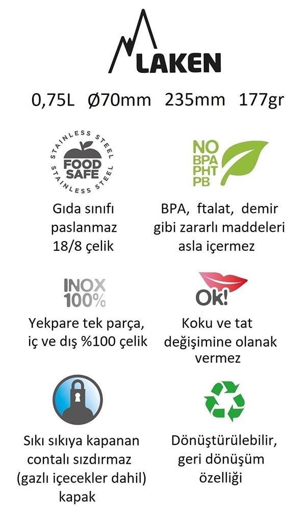 Laken Çelik 18/8 Vintage Basic Şişe 0,75L - Siyah LKBSH75NE