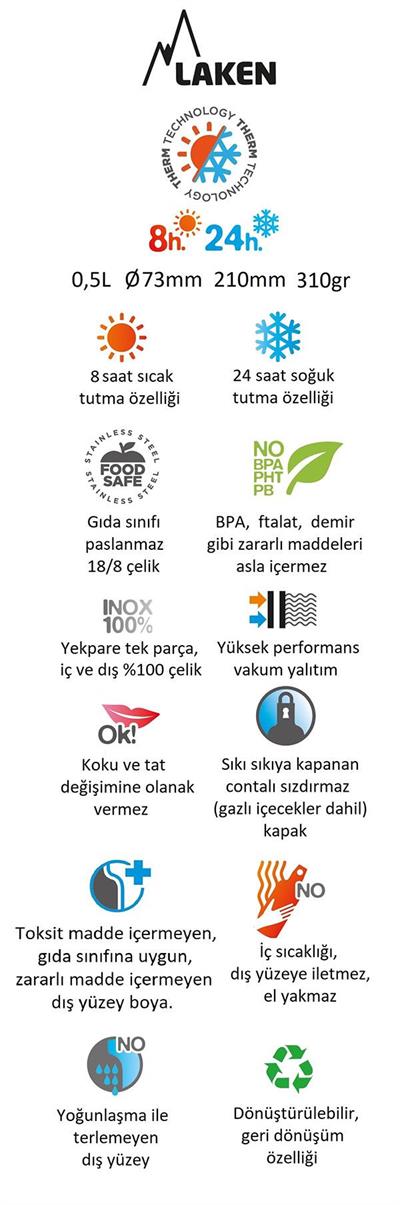 Laken Çelik 18/8 Classic Termos Şişe 0,50L - Camgöbeği  LKTA5AC