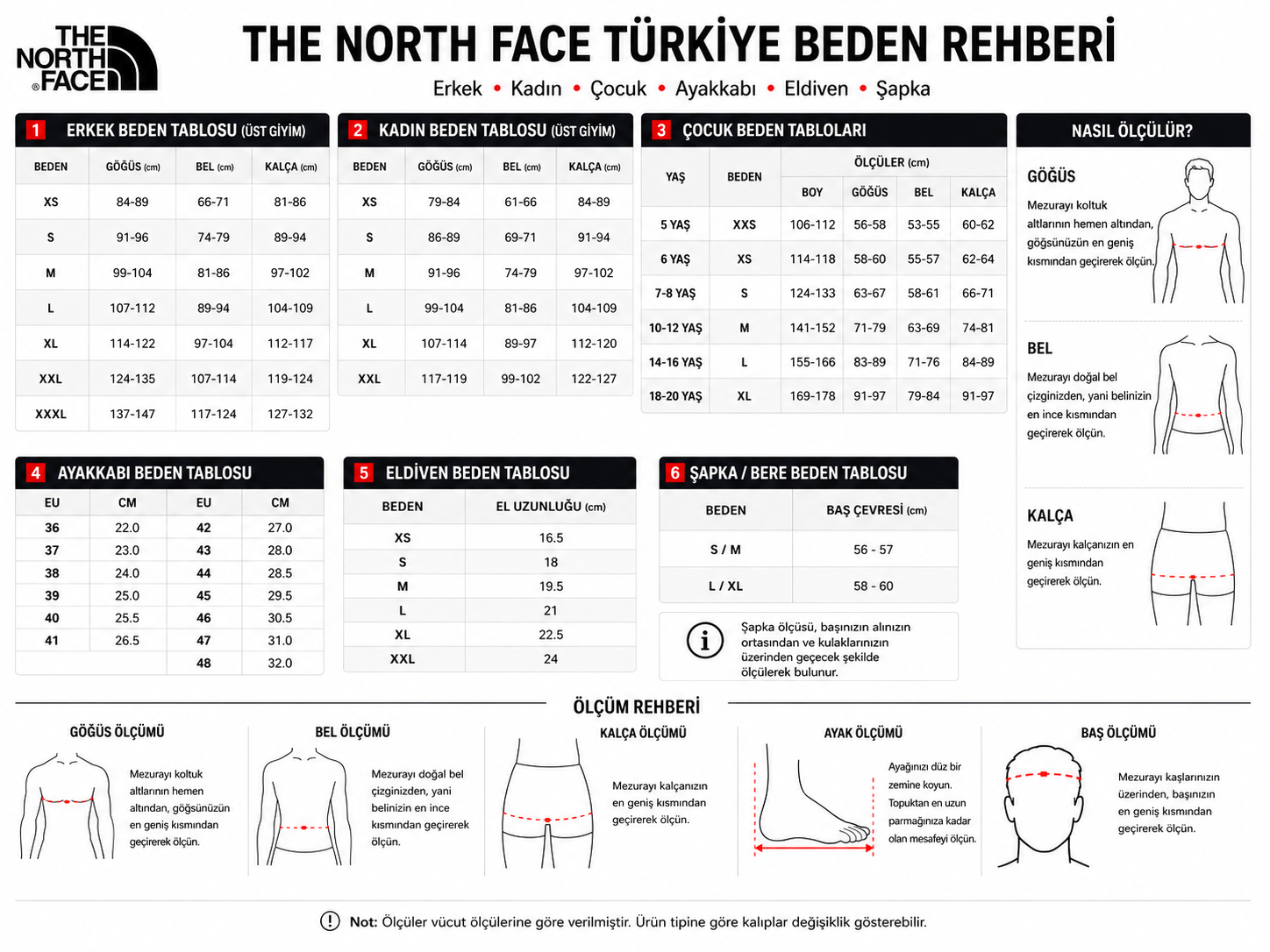 The North Face beden tablosu
