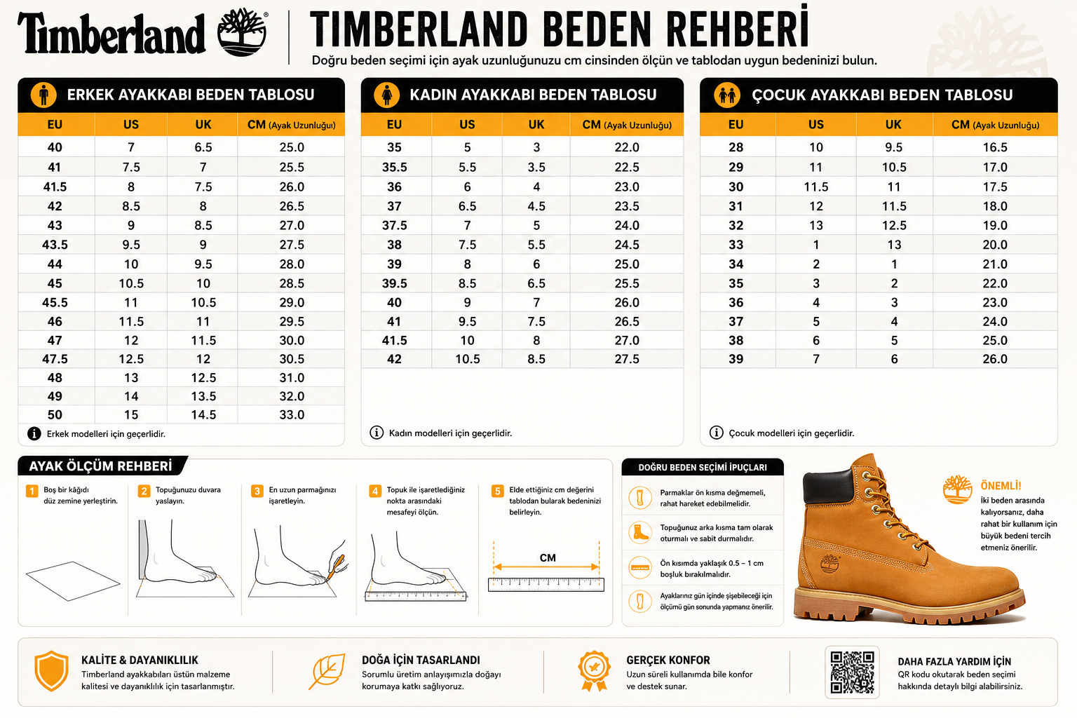 Timberland beden tablosu