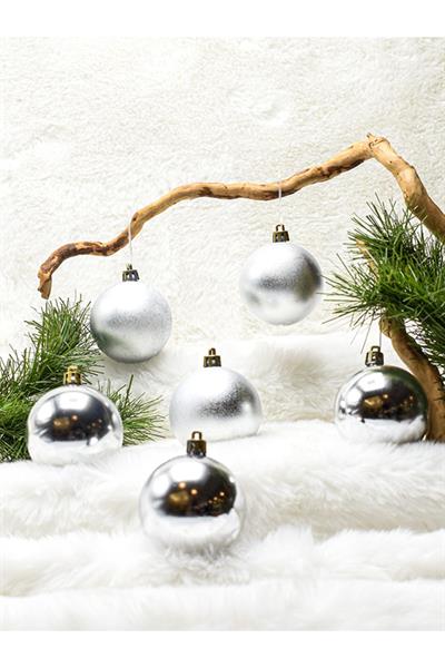 6 cm 6lı Gümüş Cici Top (3 Parlak-3 Metalize) Yılbaşı Ağacı Süs
