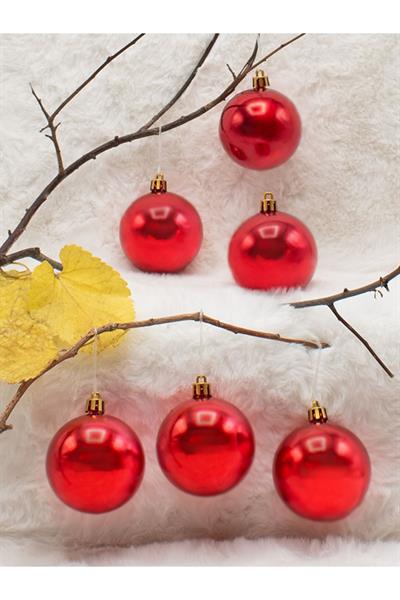 6 cm 6lı Kırmızı Cici Top (3 Parlak-3 Metalize) Yılbaşı Ağacı Süs