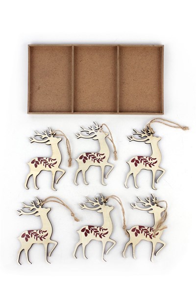 6lı Ahşap Seri Geyik Yılbaşı Süs 10*12cm
