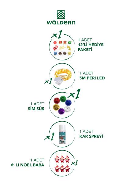 Luxury 60 CM Yılbaşı Çam Ağaç Seti 5 Metre Peri Ledli Ve Yılbaşı Süsleri Paketi Kar Spreyi