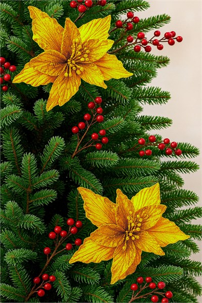 Premium 25*25 cm Yılbaşı Süs Yapay Çiçek Altın