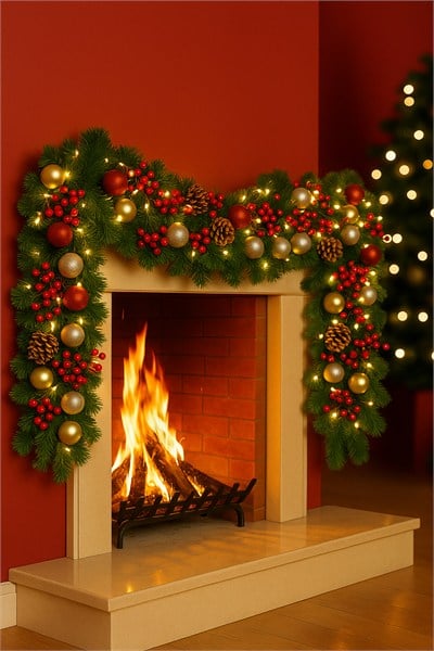 Premium 82 Parça Garland Handmade Yılbaşı Dekorasyon Seti (2.7m Garland+Kozalak+Top+Led Işık+Süs)