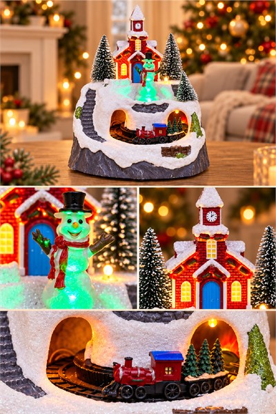 Premium Collection Dekoratif Kar Köyü Müzik Kutusu Yılbaşı Temalı Snow Village 13x12x14 Cm Kardan Adam