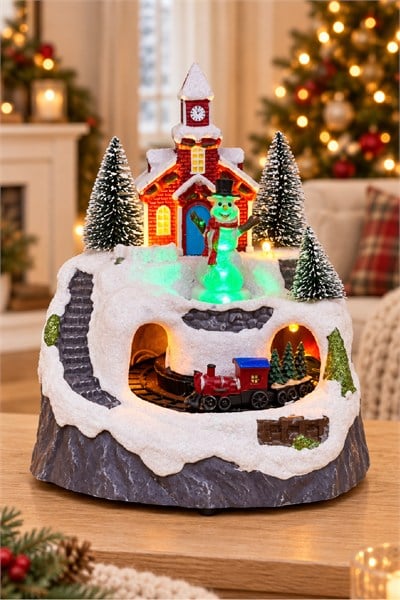 Premium Collection Dekoratif Kar Köyü Müzik Kutusu Yılbaşı Temalı Snow Village 13x12x14 Cm Kardan Adam