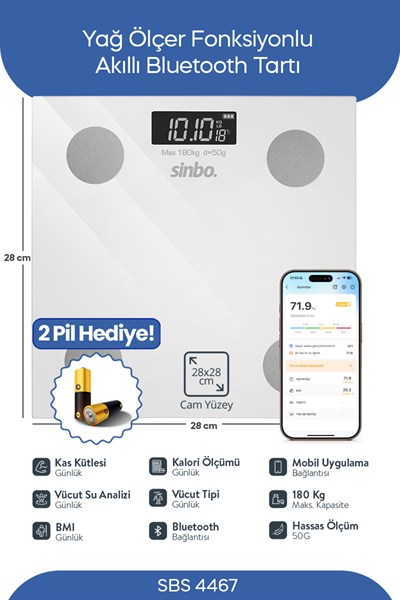 Sinbo Sbs-4467 Bluetooth Dijital Yağ Su Kas Vücut Kitle Endeksi Kilo Ölçer Tartı Baskül - 28 Cm