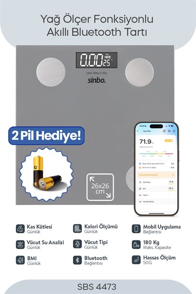 Sinbo SBS-4473 Bluetooth Dijital Yağ Su Kas Vücut Kitle Endeksi Kilo Ölçer Tartı Baskül