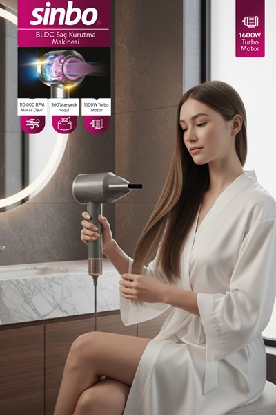 Sinbo SHD 1726 Saç Kurutma Mak. 1600W BLDC Turbo Motor, 3 Hız 4 Sıcaklık Ayarlı, 360°Manyetik Başlık