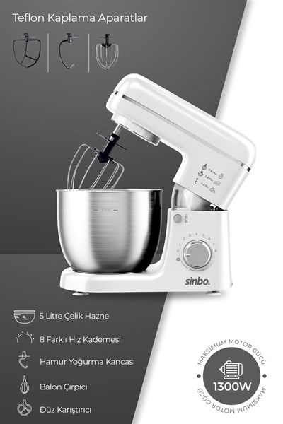 Sinbo SMX-2771 Stand Mikser | 1300W, 5L, Çok Fonksiyonlu Stand Mikser - Mutfak Şefi Beyaz