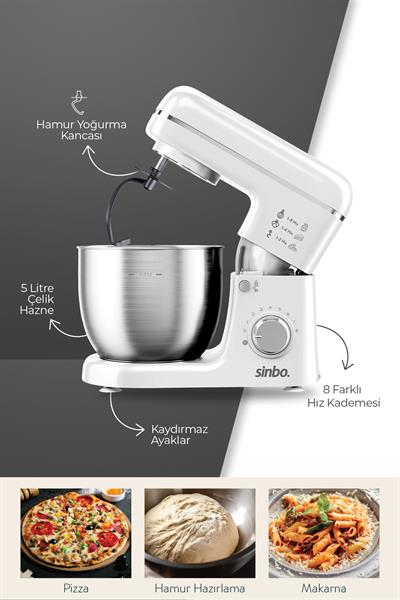 Sinbo SMX-2771 Stand Mikser | 1300W, 5L, Çok Fonksiyonlu Stand Mikser - Mutfak Şefi Beyaz