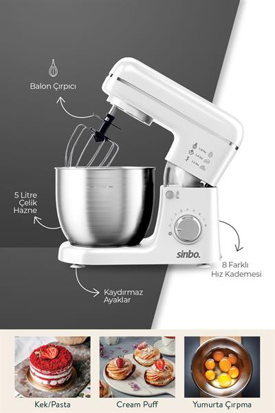 Sinbo SMX-2771 Stand Mikser | 1300W, 5L, Çok Fonksiyonlu Stand Mikser - Mutfak Şefi Beyaz
