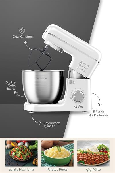 Sinbo SMX-2771 Stand Mikser | 1300W, 5L, Çok Fonksiyonlu Stand Mikser - Mutfak Şefi Beyaz
