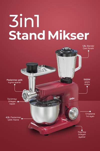 Sinbo SMX-2775 Çok Amaçlı 3ın1 Mutfak Şefi Hamur Yoğurma Kıyma Makinesi Sürahi Blender 1500w Kırmızı