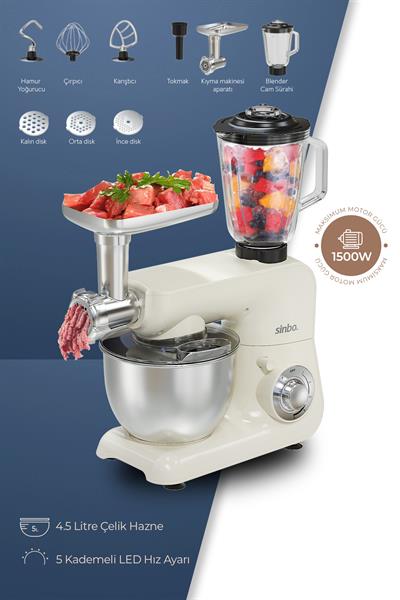 Sinbo SMX-2775 Çok Amaçlı Mutfak Şefi Krem ( Hamur - Kıyma - Blender Makinesi )