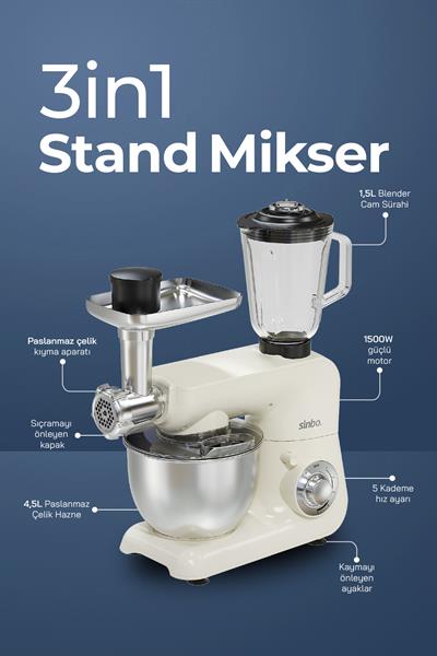 Sinbo SMX-2775 Çok Amaçlı Mutfak Şefi Krem ( Hamur - Kıyma - Blender Makinesi )