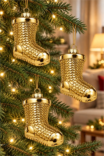 Waldern 3lü 11 cm Patik Figürlü Yılbaşı Çam Ağacı Süsü Gold