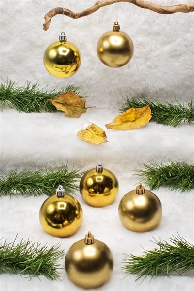 Waldern 6 cm 6lı Gold Cici Top (3 Parlak-3 Metalize) Yılbaşı Ağacı Süs Gold