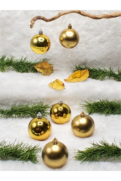 Waldern 6 cm 6lı Gold Cici Top (3 Parlak-3 Metalize) Yılbaşı Ağacı Süs Gold