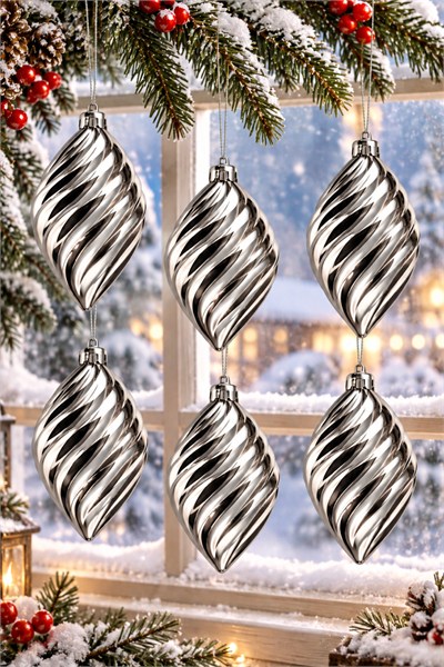 Waldern 6lı 10 cm Spiral Desenli Yılbaşı Çam Ağacı Süsü Gümüş