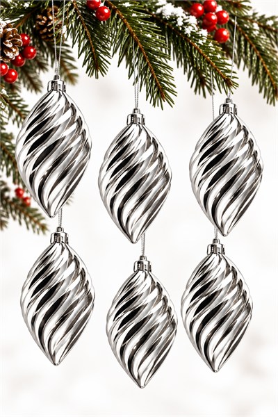 Waldern 6lı 10 cm Spiral Desenli Yılbaşı Çam Ağacı Süsü Gümüş