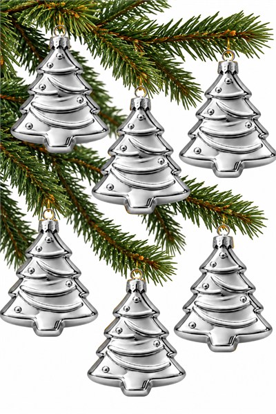 Waldern 6lı 10cm Ağaç Figürlü Xmass Tree Yılbaşı Çam Ağacı Süsü Gümüş