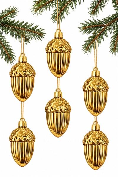 Waldern 6lı 7 cm Palamut Figürlü Yılbaşı Çam Ağacı Süsü Gold