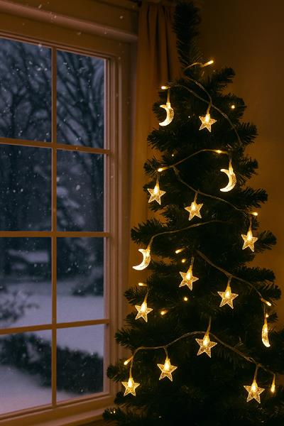 Waldern Ay-Yıldız Figürlü Perde Led 3 mt Perde Peri Mutfak Işık Dekoratif Lamba Led Işık Ramazan Pilli