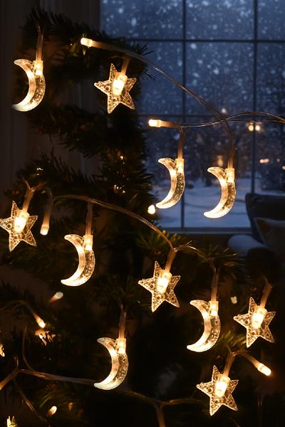 Waldern Ay-Yıldız Figürlü Perde Led 3 mt Perde Peri Mutfak Işık Dekoratif Lamba Led Işık Ramazan Pilli