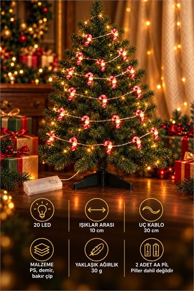 Yılbaşı Dekoratif Led Işık Pilli Mini Şeker Kamışı